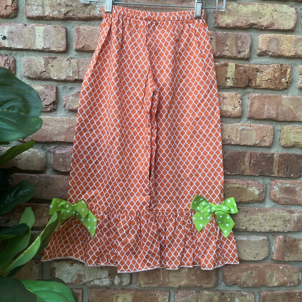 SWEET CHIC-A-DEE ORANGE WHITE LATTICE FLARE RUFFLE LEG LIME GREEN BOW PANTS